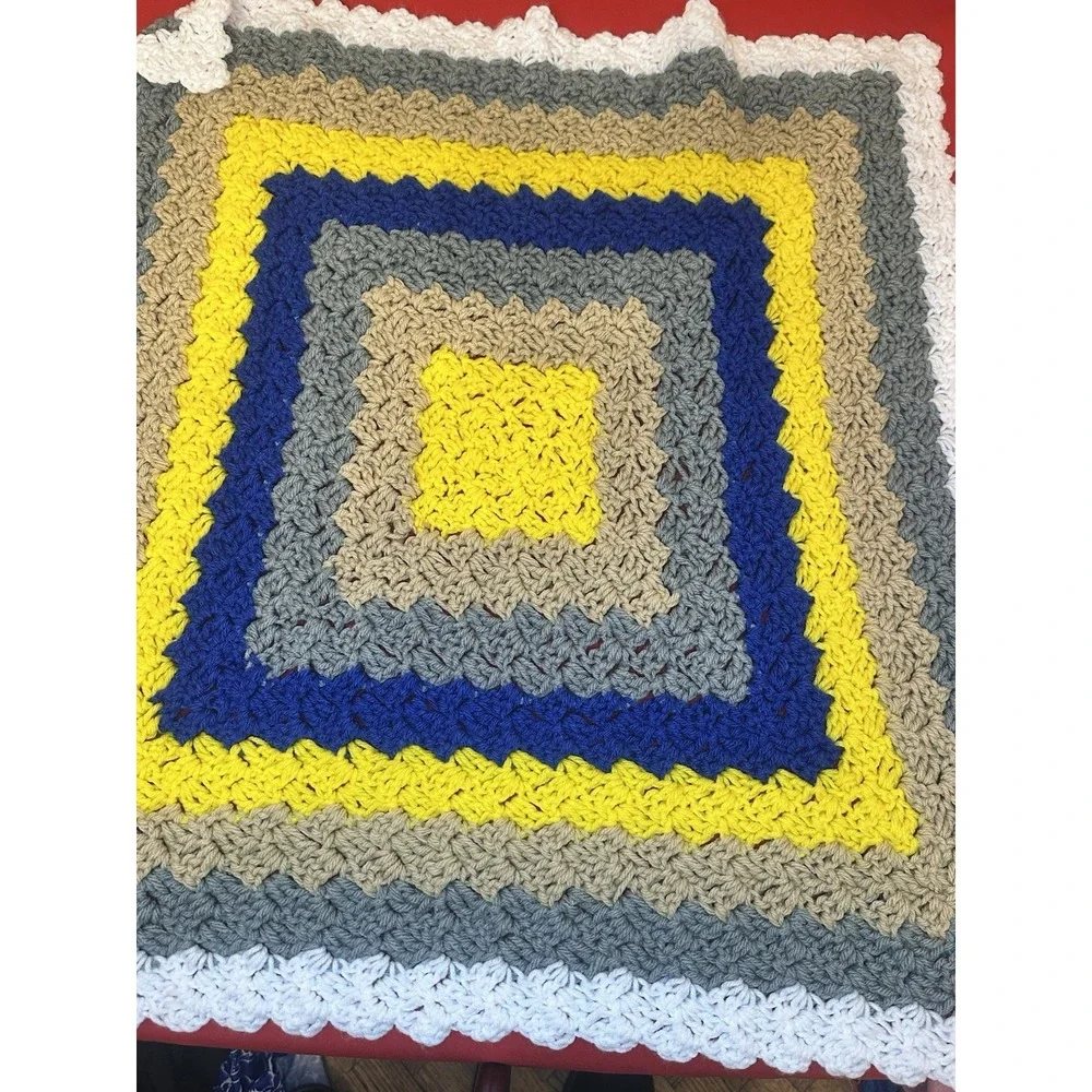 Crocheted Lap Blanket Gray Brown Yellow Blue Small